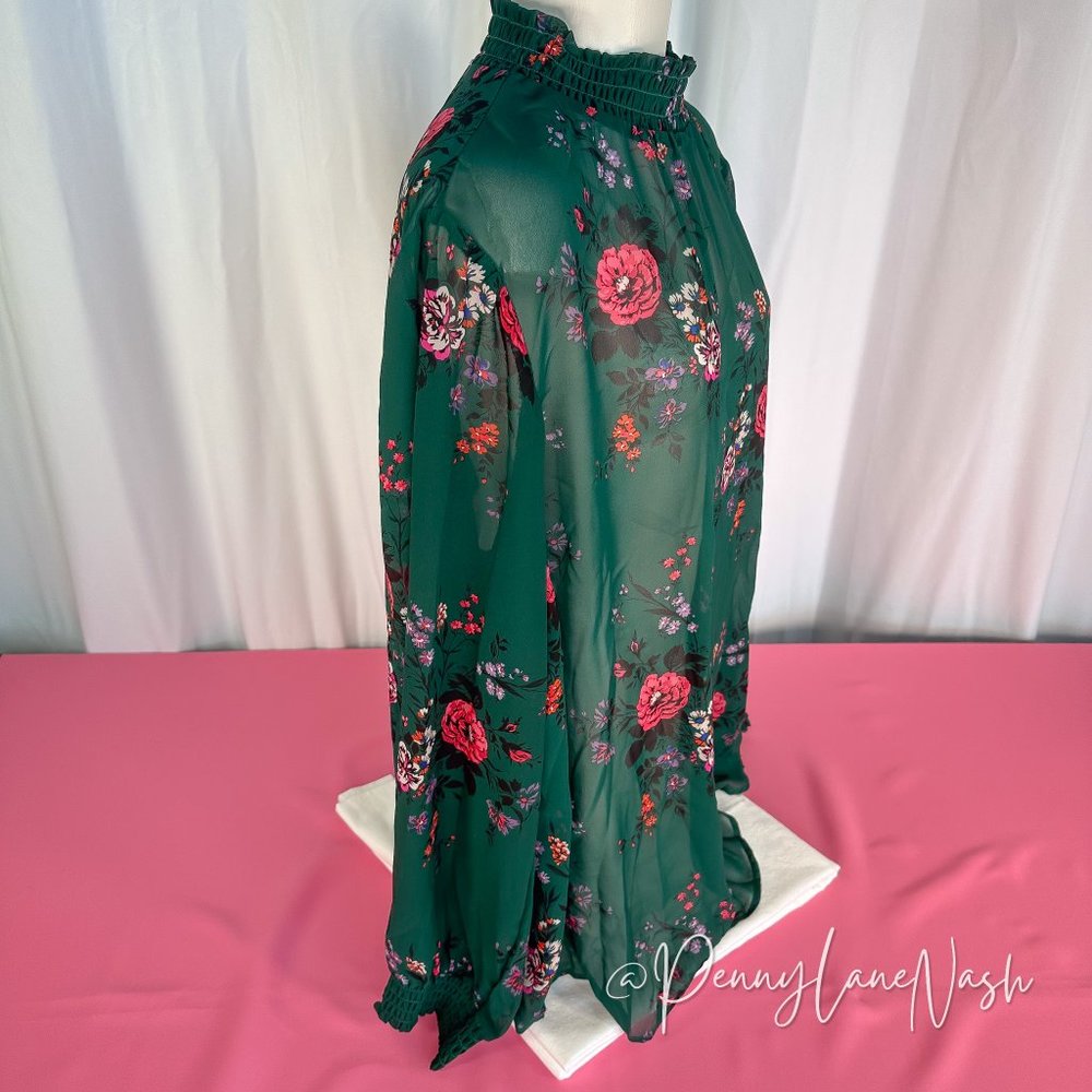 Torrid Chiffon Smocked Mock Neck Floral Blouse Top Green - Picture 8 of 11